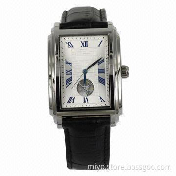 Men's Style Skeleton Automatic Watch in Stainless Steel Case, Genuine Leather Strap, 3ATM WRC